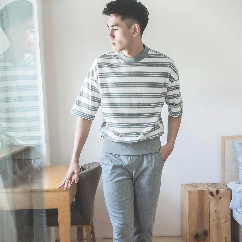 UMORFIL Collagen Stripe Five-point Sleeve Men's Homewear/Pajamas/Homewear-Twist Grey - ชุดนอน/ชุดอยู่บ้าน - ผ้าฝ้าย/ผ้าลินิน สีเทา