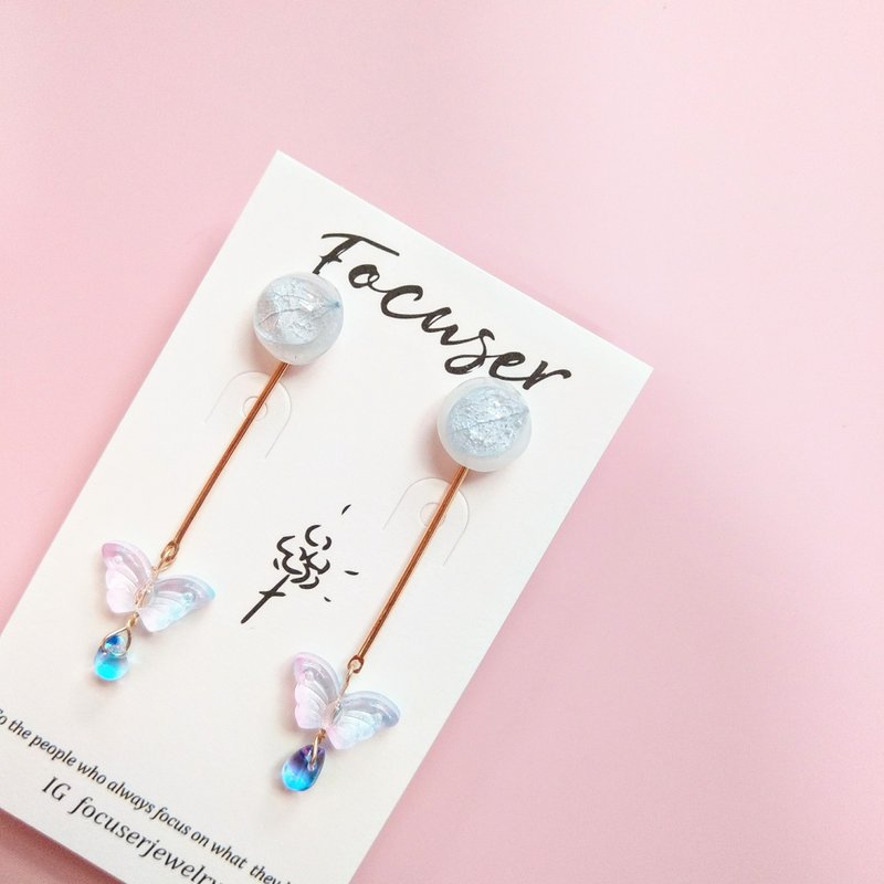 Japanese blue hydrangea butterfly drop earrings - ต่างหู - พืช/ดอกไม้ สีน้ำเงิน