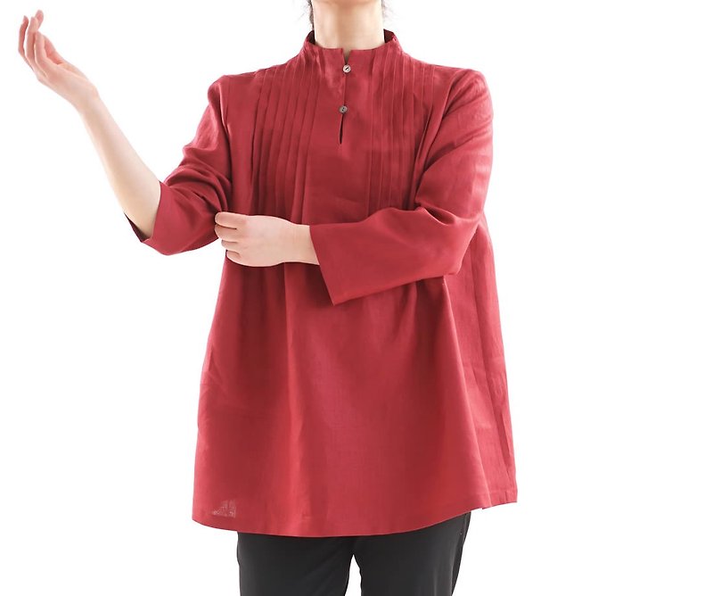 Linen / linen tunic / long sleeve / stand collar / pin-tuck / red / t006a-rre2 - เสื้อผู้หญิง - ผ้าฝ้าย/ผ้าลินิน สีแดง
