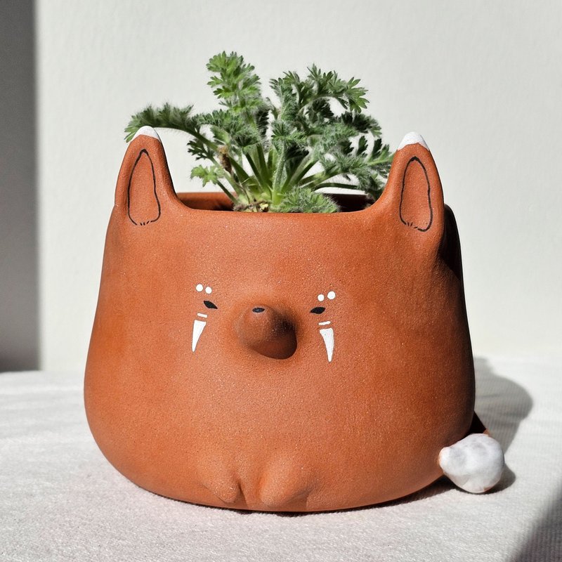 Terracotta tribal fox planter. Handmade plant pot with drainage. - Pottery & Ceramics - Pottery 