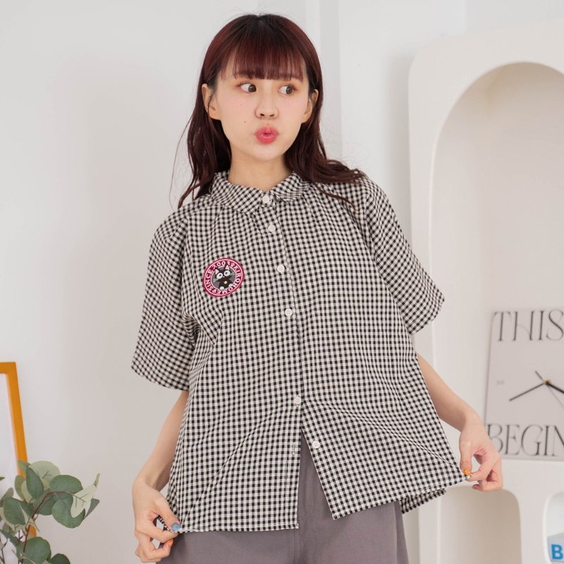 Little black cat towel embroidered little black plaid casual shirt [9007001] - Women's Shirts - Cotton & Hemp Multicolor