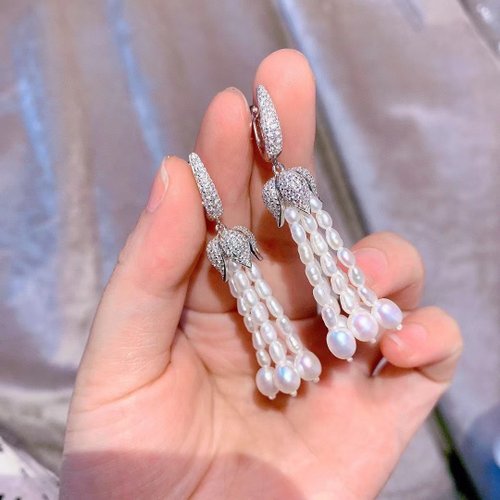 DoriAN純銀設計 【港澳限定款】氣質典雅天然米粒珍珠流蘇鋯石復古宮廷風純銀耳環