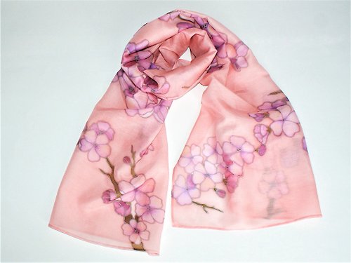 Enya Pink silk cotton scarf Cherry blossom branch scarf Silk scarf hand painted batik