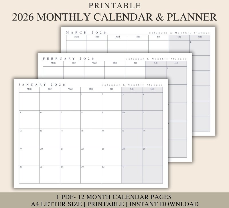 2026 Minimalist Monthly Calendar: A4 Printable PDF Planner (Monday Start) - 其他數位商品 - 其他材質 