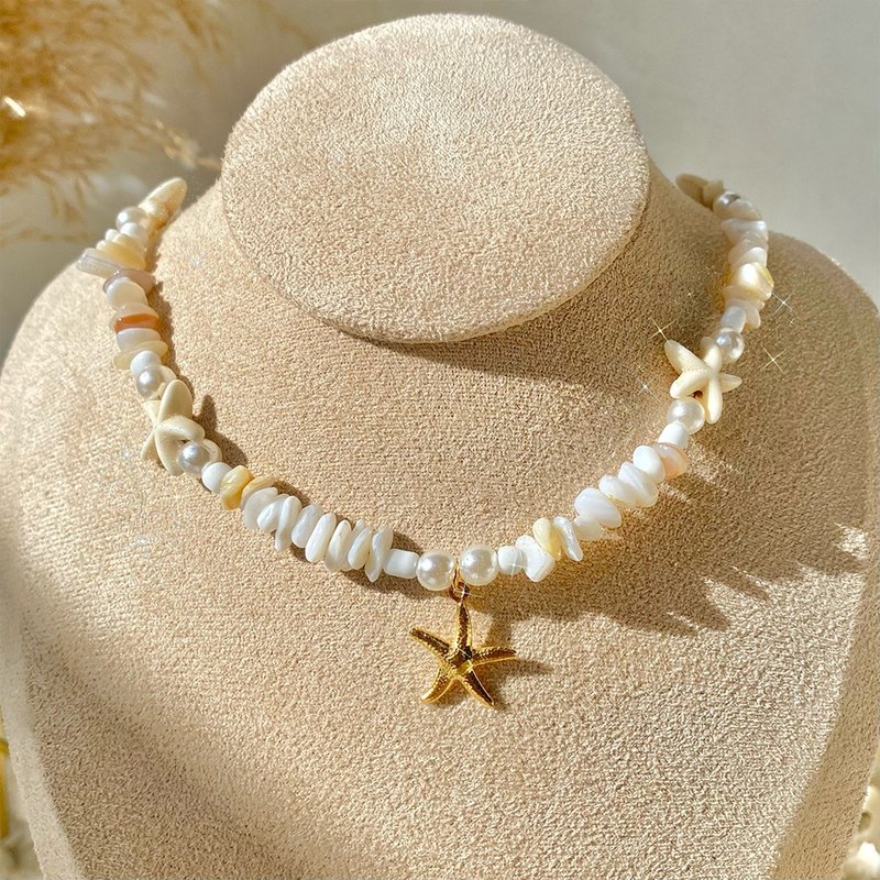 Stone necklace made from natural shells, starfish pendant, summer style, stainle - Necklaces - Shell White