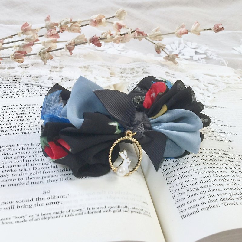 Black/Blue/Rabbit Flower Chiffon Multilayer Hand-stitched Bow Banana Clip Shark Clip Large Intestine Spring Clip - Hair Accessories - Other Materials Black