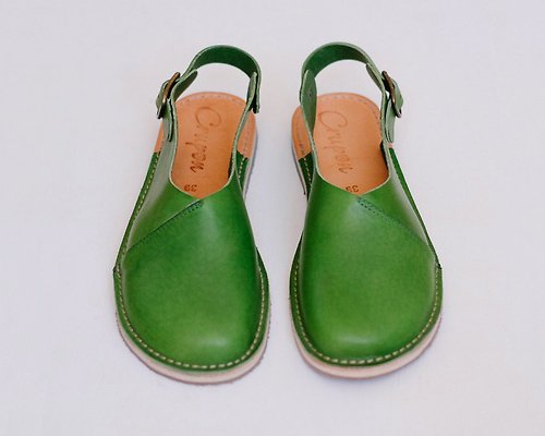 Crupon 女士涼鞋、夏季鞋、平底涼鞋、綠色涼鞋、露跟涼鞋、皮革涼鞋