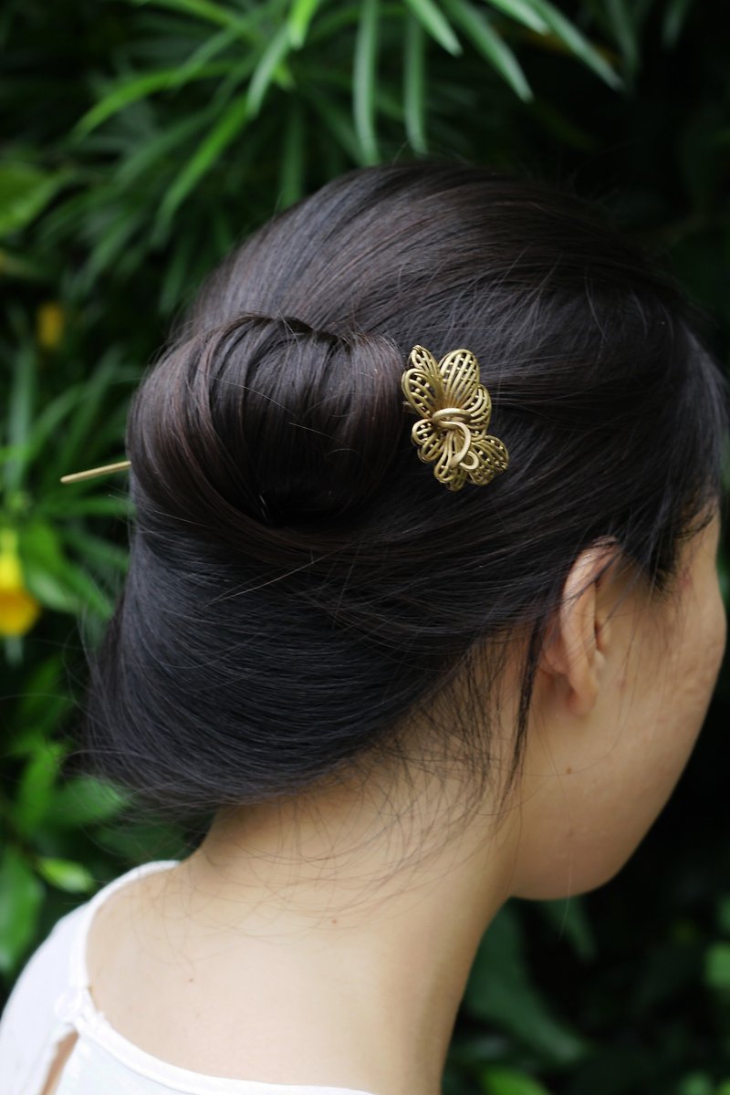 黃銅鏤空花型髮簪 - 髮飾 - 其他金屬 金色
