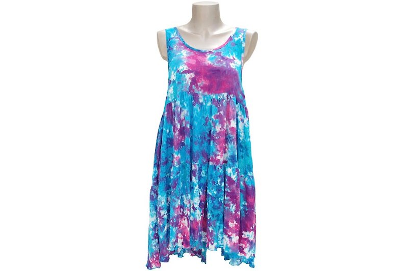 Summer color uneven dyed tank top tiered beach dress <Blue Pink> - ชุดเดรส - วัสดุอื่นๆ สีน้ำเงิน