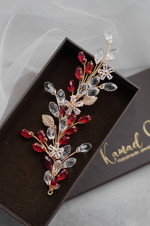 Kamael Shine Red gold floral hair vine, Burgundy flower hair piece for wedding hairstyle
