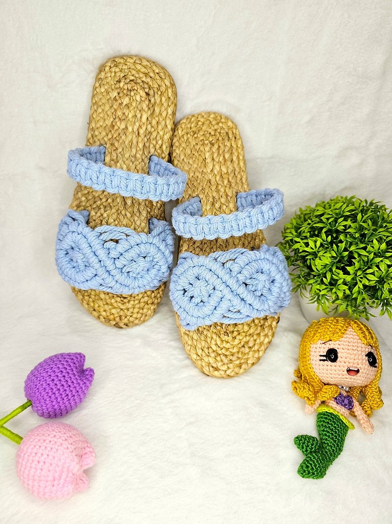 Handmade Macrame sandals made from  Water Hyacinth - Slippers - Plants & Flowers Blue