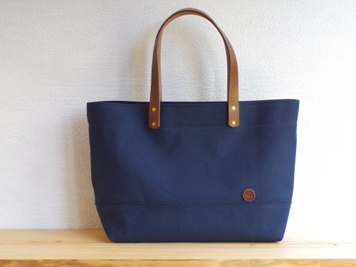 tapfer レザーハンドル帆布 トートバッグ(Snap top) A4橫長 ネイビーブルー