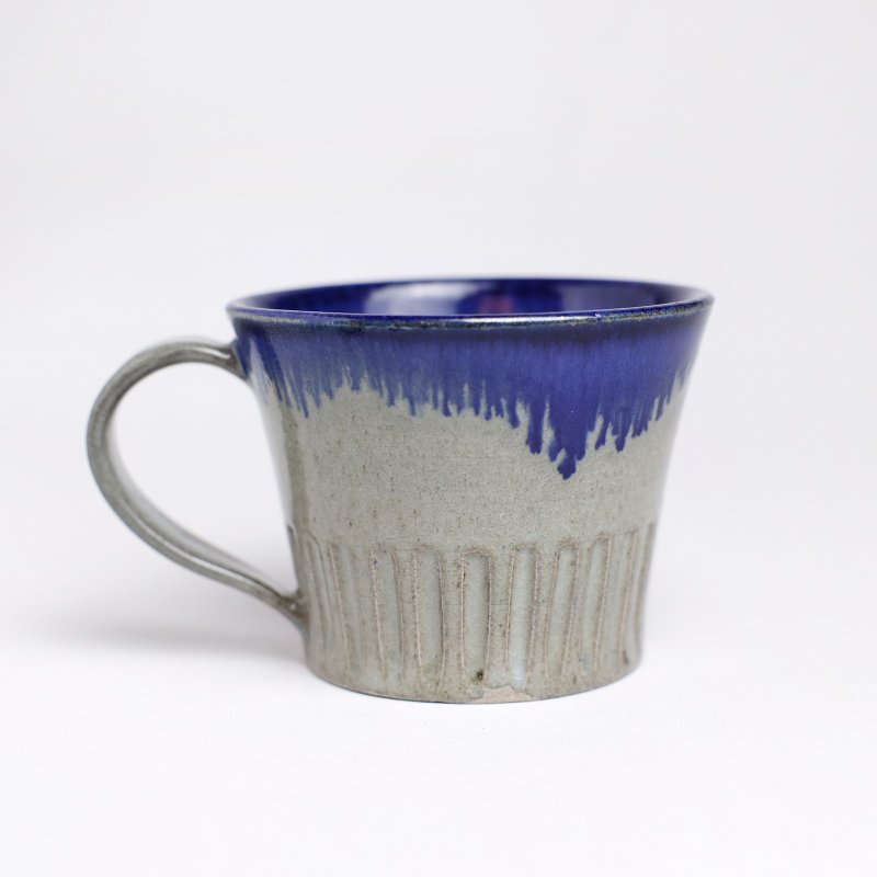 Mingya kiln l wood fired gray blue flow glaze carved cup gray blue coffee cup pottery cup collection H8 - Mugs - Pottery Blue