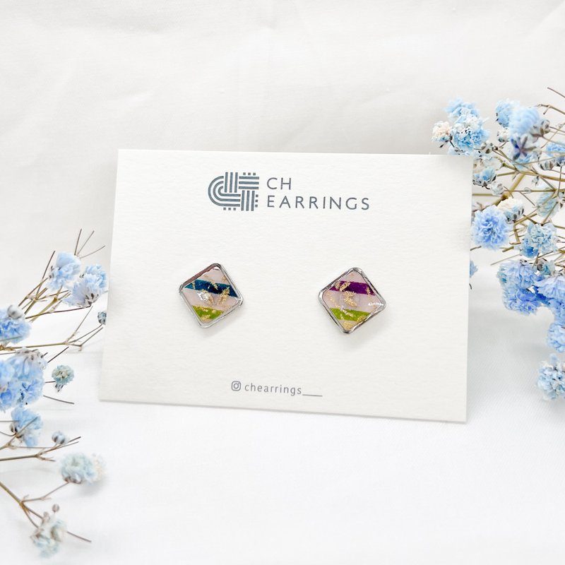 Chearrings | 日本和紙 樹脂 方形耳釘 - 耳環/耳夾/耳骨夾 - 紙 粉紅色