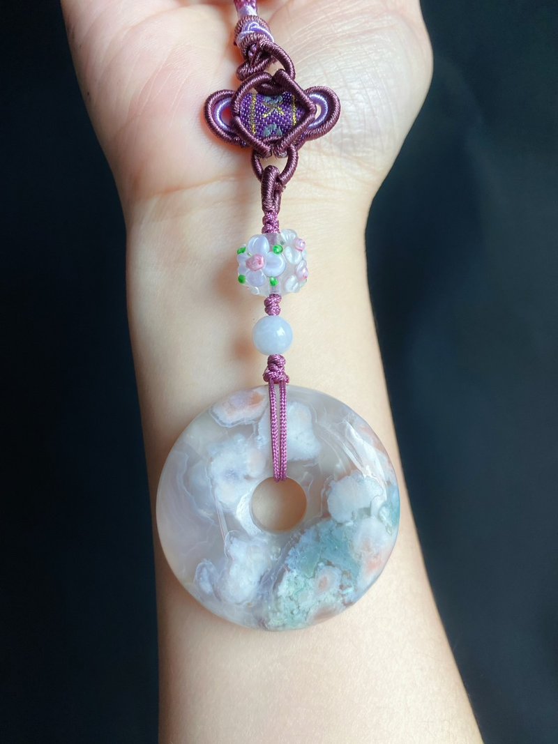 【售出】櫻花瑪瑙 翡翠 菜園子綠 粉花 水晶 琉璃 平安扣 包掛 禮 - 手機掛繩/背帶 - 水晶 粉紅色