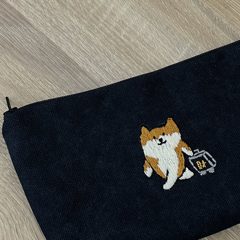接受客製 l 刺繡柴犬零錢包 客製圖刺繡錢包 布零錢包 - 零錢包/小錢包 - 棉．麻 藍色