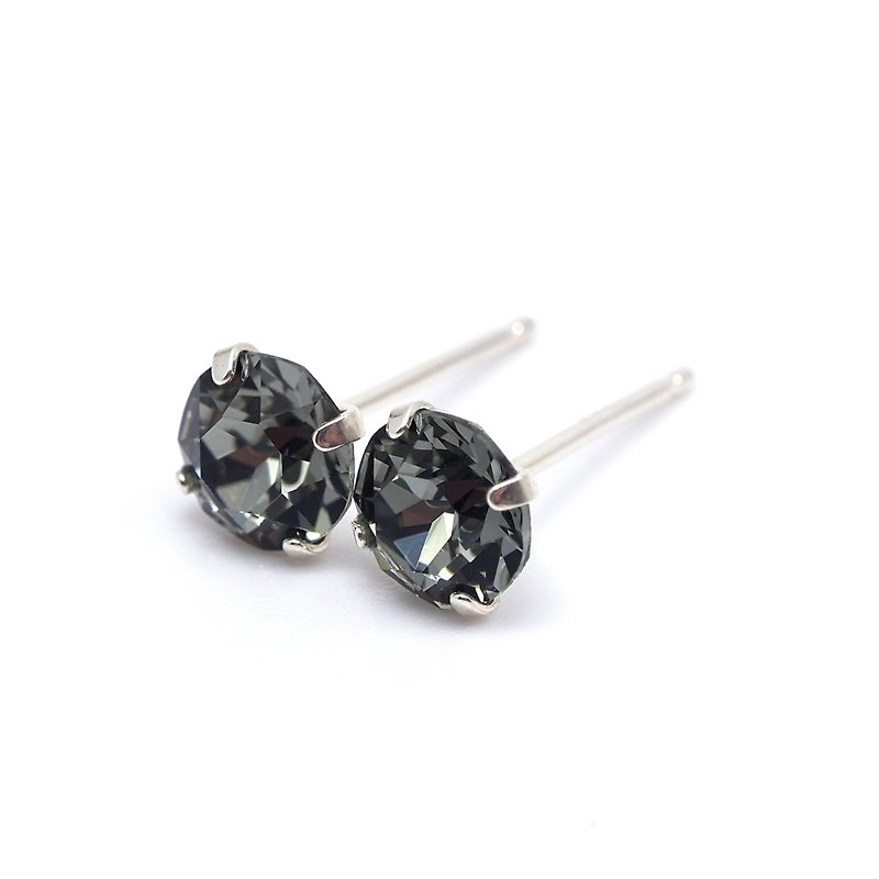 黑色水晶施華洛世奇水晶 -925純銀耳釘耳環-6毫米圓形單件或一雙 - 耳環/耳夾 - 其他金屬 黑色