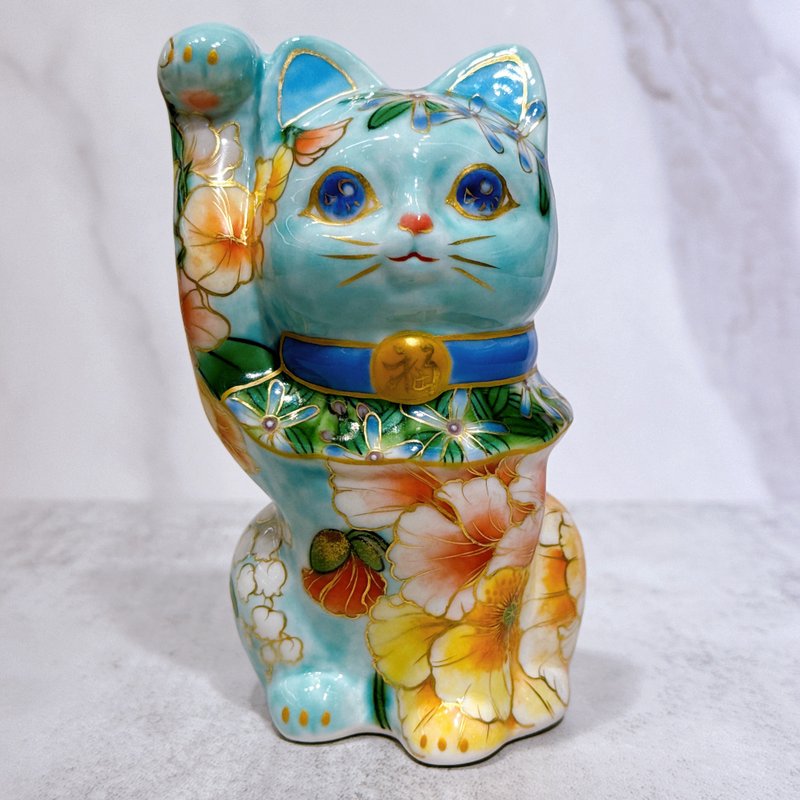 แมวนำโชคคิโยมิซึยากิของญี่ปุ่น | ภาพวาดสี สีน้ำ ลวดลายดอกไม้แบบตะวันตก - ของวางตกแต่ง - เครื่องลายคราม สีน้ำเงิน