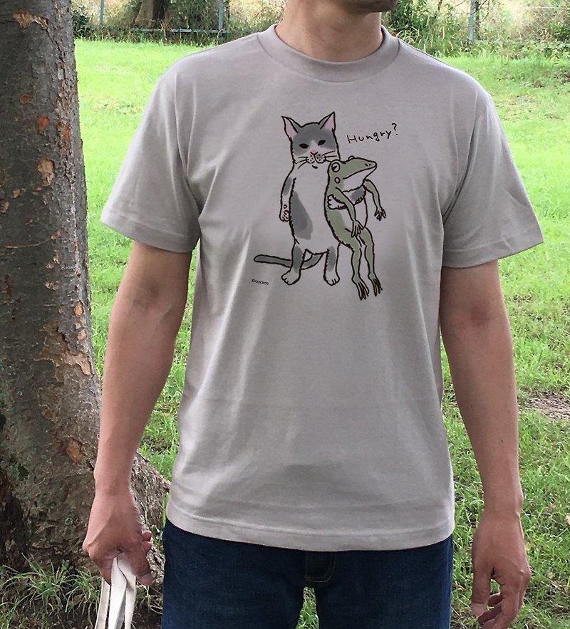 猫とカエルのTシャツ　なかよし　男女兼用 - 女 T 恤 - 棉．麻 白色