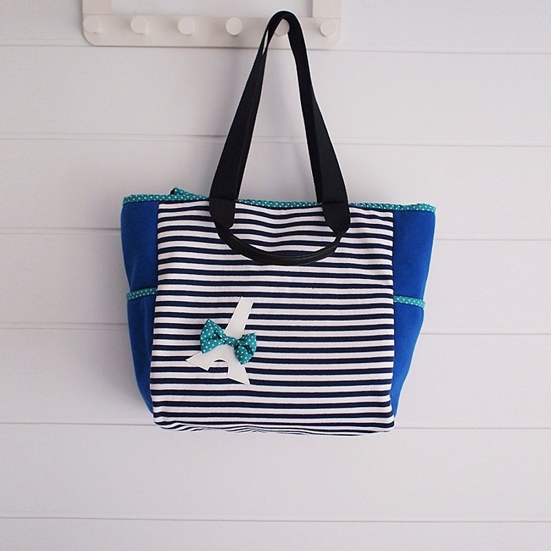 hairmo. Lovely tower hit color double zipper pocket 2way Tote paragraph (+ sapphire blue bar) - กระเป๋าแมสเซนเจอร์ - กระดาษ สีน้ำเงิน