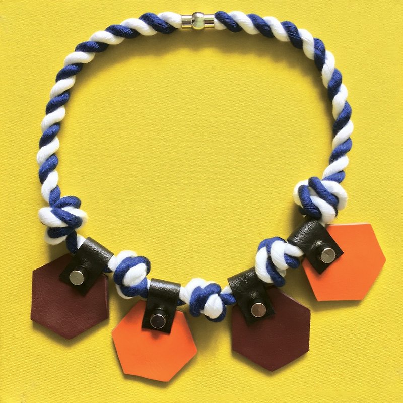 Hexagon Leather Rope Necklace - สร้อยติดคอ - หนังแท้ สีส้ม
