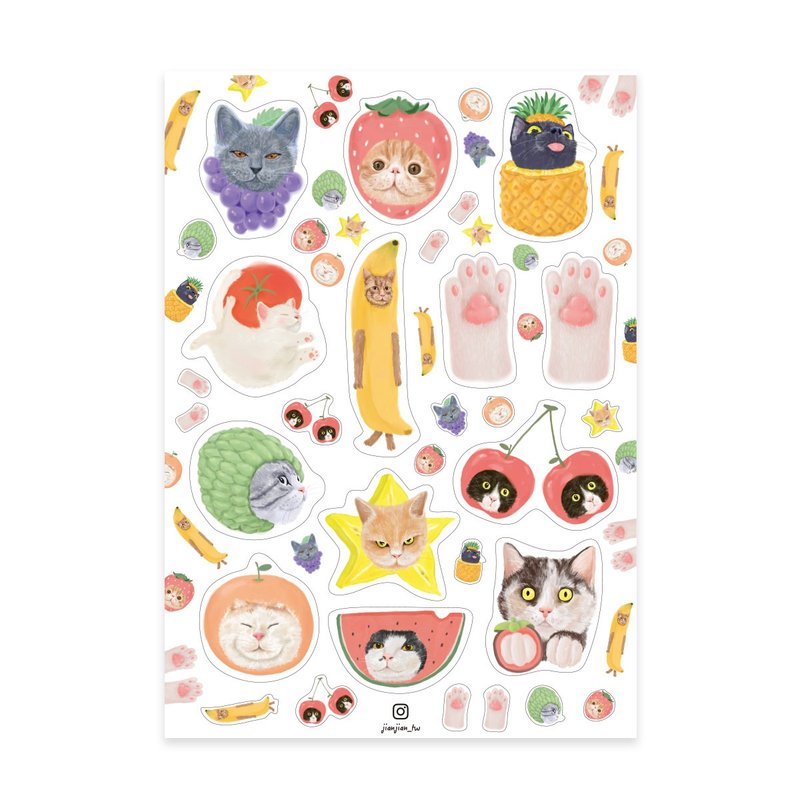 Healing Cat Fruit-B5 Waterproof Sticker - สติกเกอร์ - วัสดุอื่นๆ ขาว