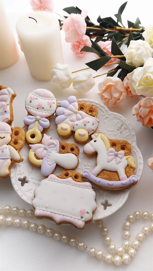 Cookie Queens 餅乾皇后 【客製】夢幻粉紫玫瑰/收涎餅乾/寶寶/4個月收口水/收涎儀式