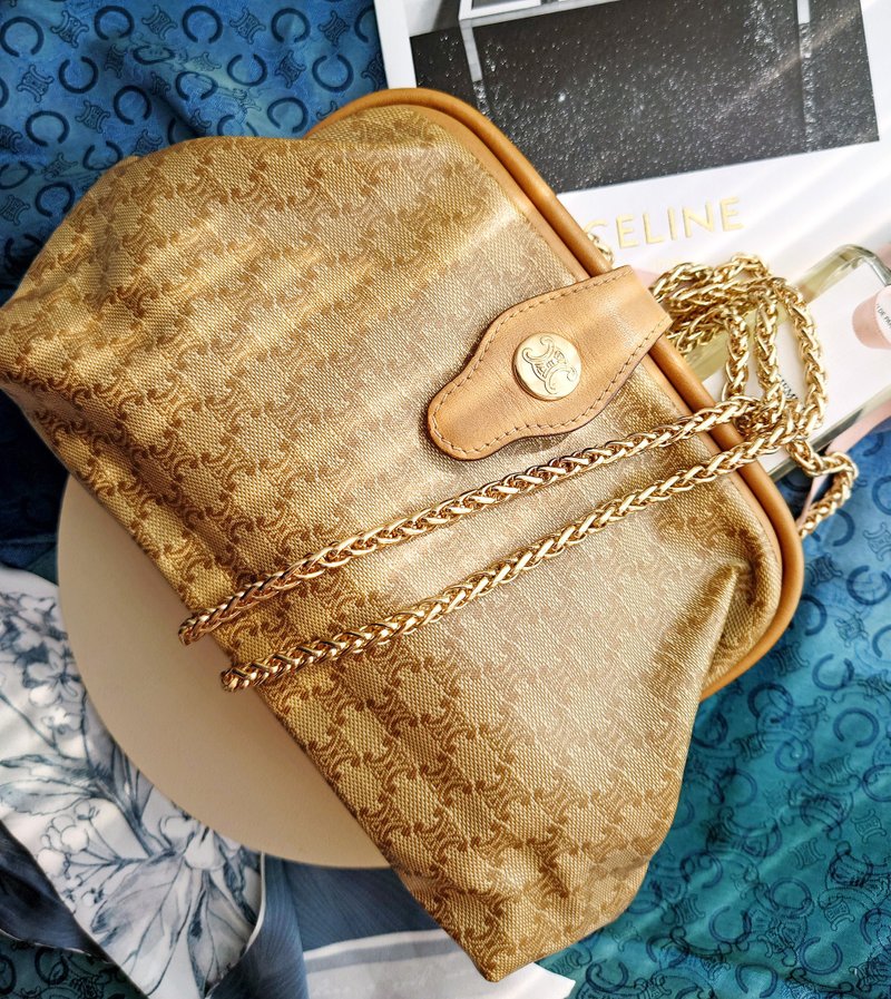中古包 CELINE 米花口金包鏈條包單肩包雲朵包斜揹包斜挎包化妝包 - 側背包/斜背包 - 防水材質 卡其色