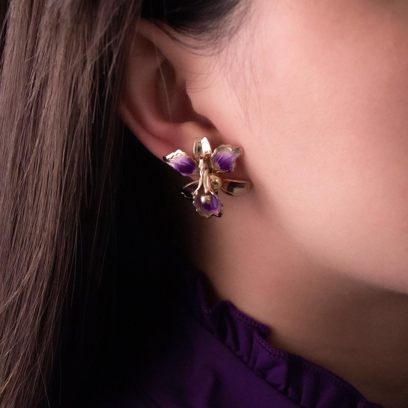 American antique painted gradient purple three-dimensional orchid light gold earplugs - ต่างหู - โลหะ สีม่วง