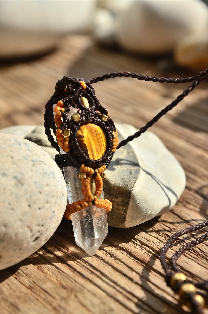 Bohemian Style, Clear Crystal & Tiger Eye Macrame Pendant - Necklaces - Gemstone Brown