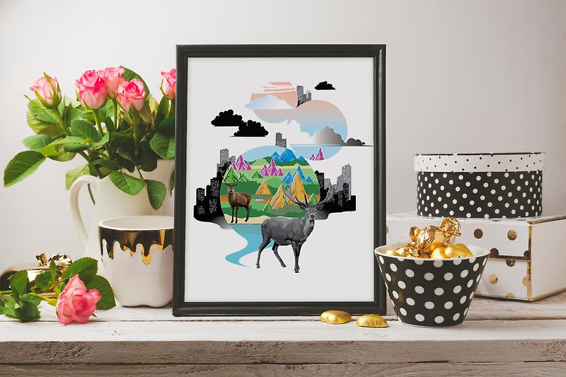 Animal Planet Illustration Poster - Wild Deer in Concrete Jungle - Posters - Paper Multicolor