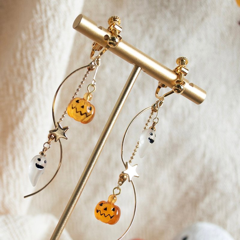 Halloween Limited Pumpkin Ghost 2 Real Gold Plated Earrings Ghost Halloween Clip-On Earrings - Earrings & Clip-ons - Other Metals Gold