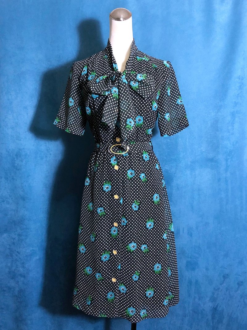 點點花朵腰帶短袖古著洋裝/ 國外帶回 VINTAGE - 洋裝/連身裙 - 聚酯纖維 黑色