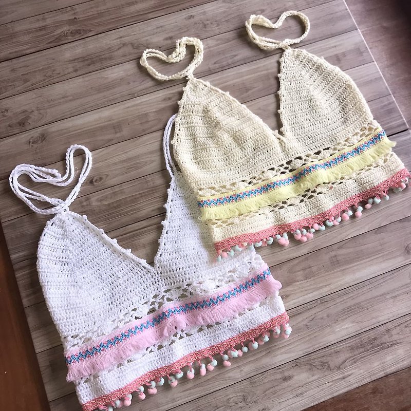 Crochet crop top for beach - Women's Swimwear - Wool Yellow