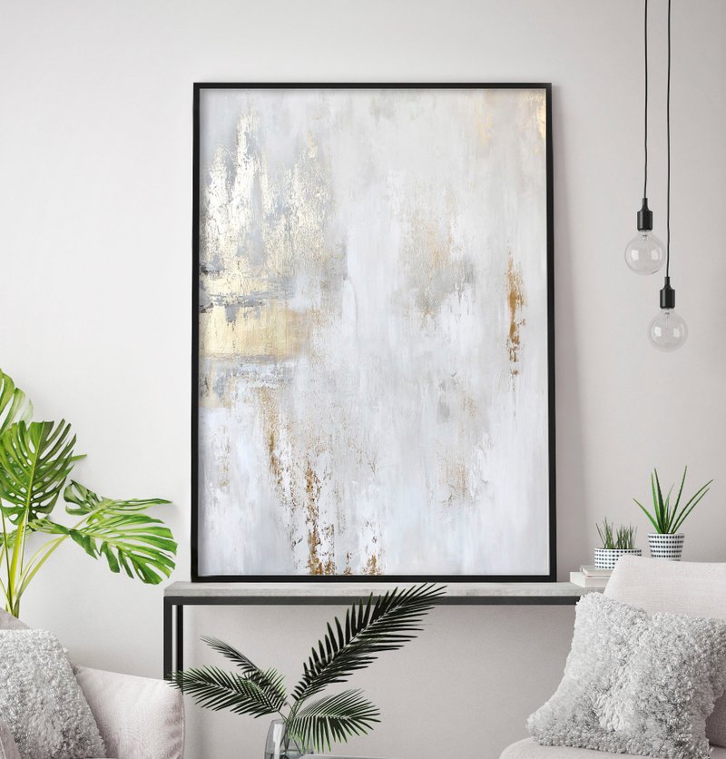 White and gold painting | gold abstract wall art | white and gold art Cascade 10 - 壁貼/牆壁裝飾 - 棉．麻 白色