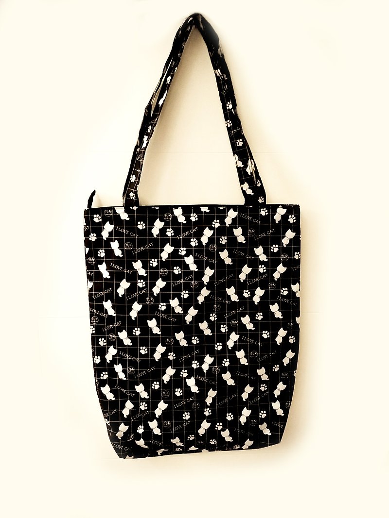 Plaid Cat Tote Bag-White Cat on Black - Messenger Bags & Sling Bags - Polyester Black