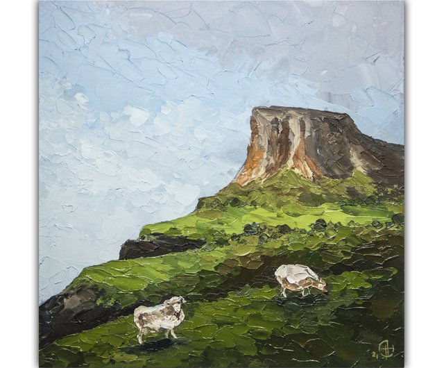 風景油絵 羊と山の風景