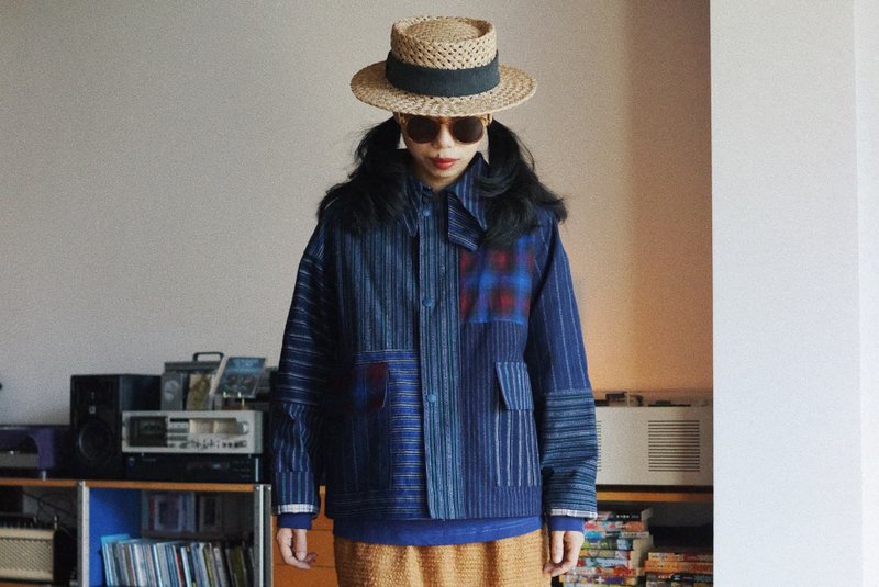 上海土布 秋冬中性英倫夾克短外套 老布手織布 拼布製作 - 女裝外套/大衣 - 棉．麻 藍色