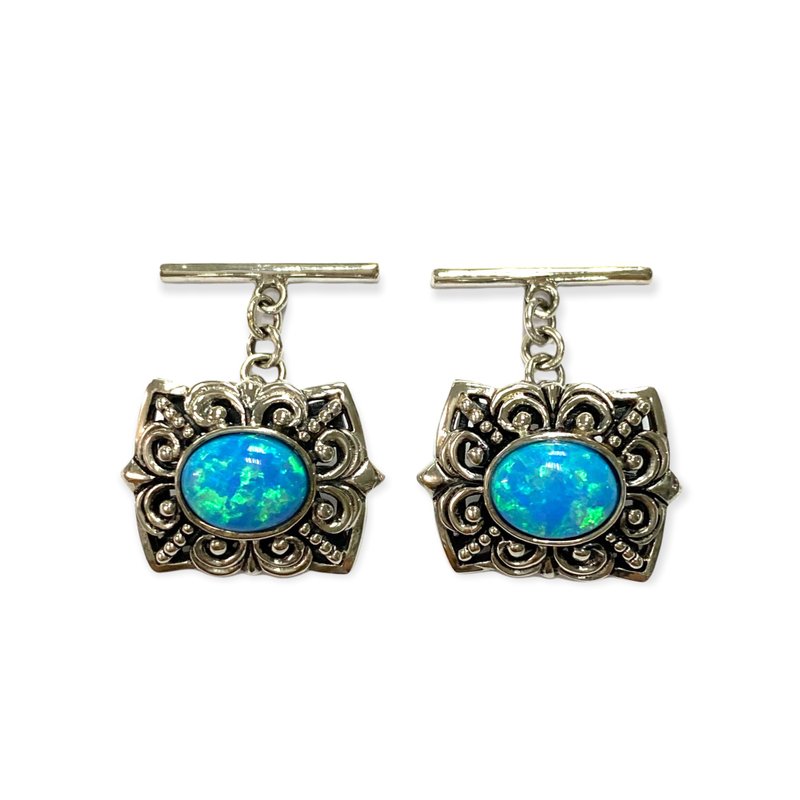 Victorian Style Blue Gilson Opal Wedding Cufflinks For Groom 925 Sterling Silver - 袖扣 - 純銀 藍色