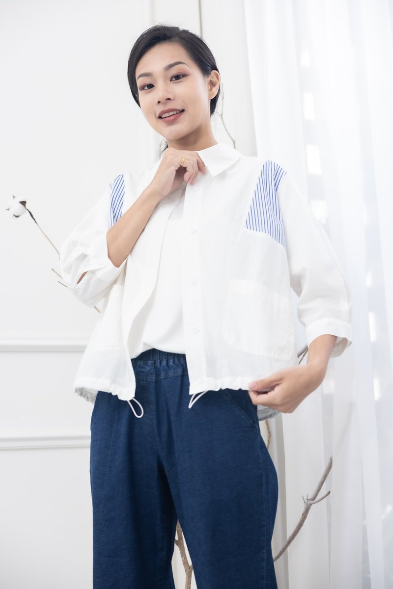 肩下藍條紋寬版長袖襯衫 白色 - 女襯衫 - 其他材質 白色