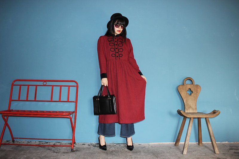 [Vintage dress] red black checkered long-sleeved American vintage dress (Christmas gift Christmas exchange gifts) F3131 - One Piece Dresses - Cotton & Hemp Red