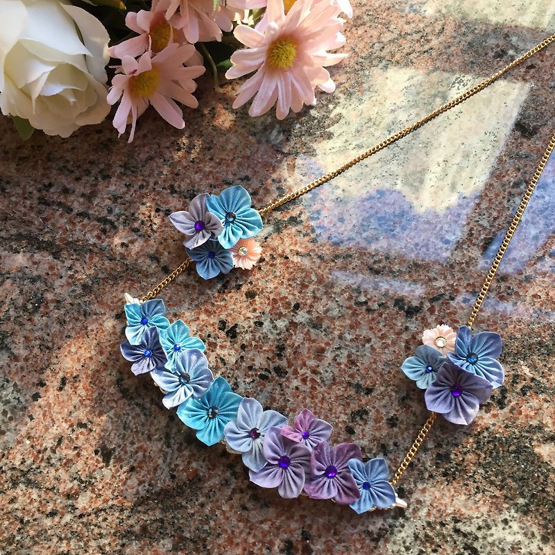 (hydrangea) fine cloth flower purple blue mixed color flower column necklace - Necklaces - Silk Purple