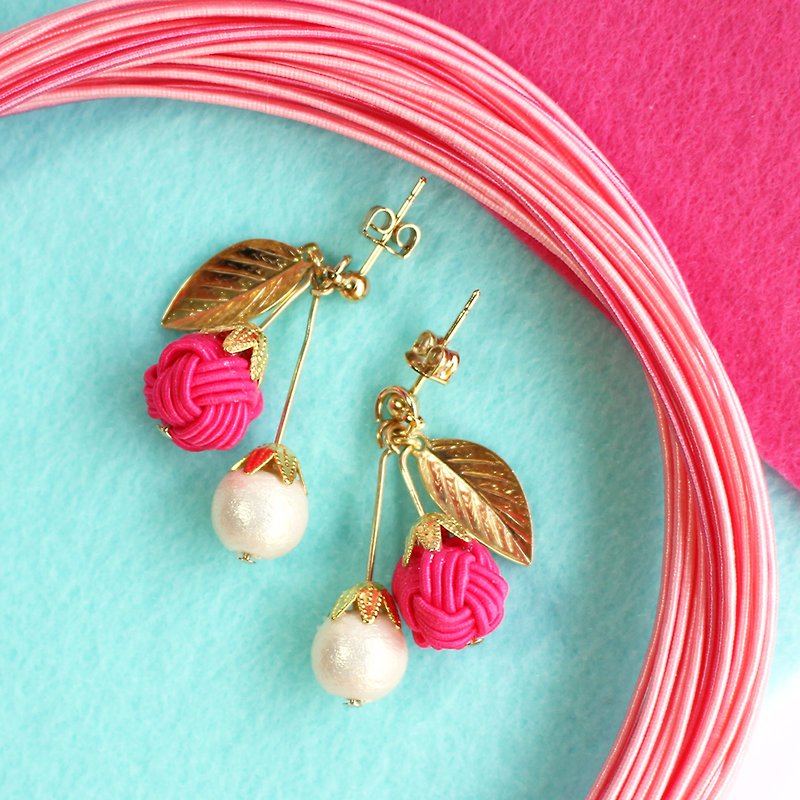 japanese style pierce earring / mizuhiki / japan / accessory / cherry / fruit - Earrings & Clip-ons - Silk Pink