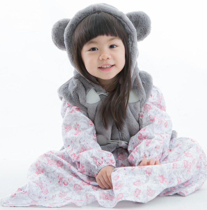 Cutie Bella Furry Bear Ears Hooded Horn Buckle Vest Gray - เสื้อโค้ด - เส้นใยสังเคราะห์ 