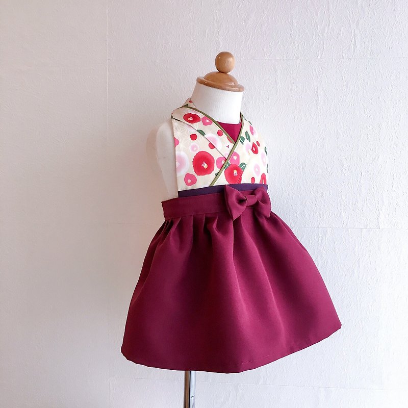 Kawaii Kimono Bib Dress  - Camellia Beige - Dark Red - Bibs - Cotton & Hemp Red