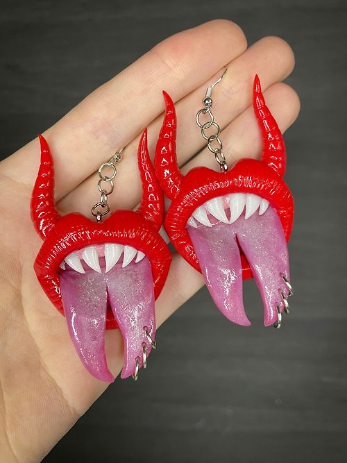 Polymer Diary Earrings. Red monstrous lips with horns.