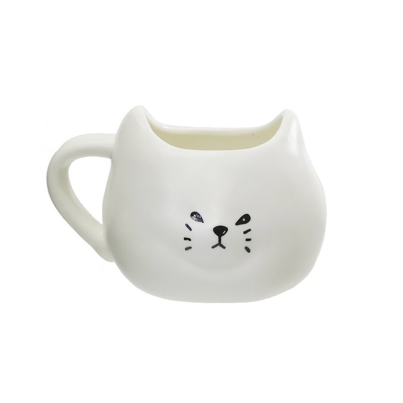 Japanese sunart mug-world-weary white cat - แก้วมัค/แก้วกาแฟ - ดินเผา ขาว