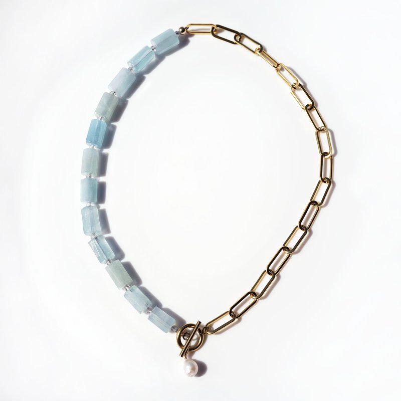 Milky Aquamarine and Pearl Surgical Stainless Steel Mantel Necklace Lagoon - สร้อยคอ - เครื่องเพชรพลอย สีน้ำเงิน