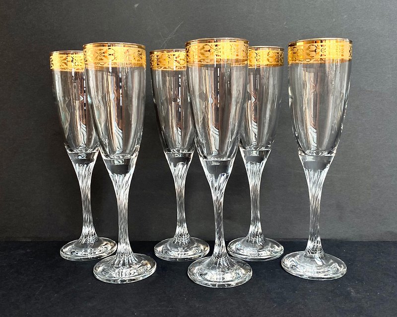 水晶香檳杯復古套裝 6 來自德國 1970 年代 - 酒杯/酒器 - 水晶 透明