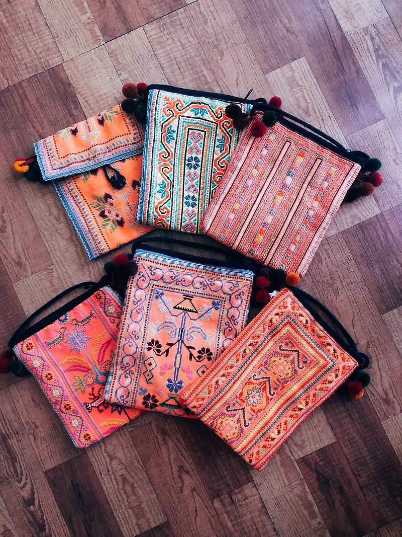 Miao antique cloth handmade cross-stitch remade oblique back pouch - Messenger Bags & Sling Bags - Cotton & Hemp 